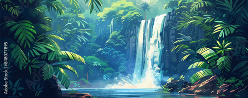 Serene waterfall hidden in a lush jungle Vector flat minimalistic isolated illustration