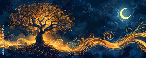 A mystical tree of life with swirling branches and glowing roots. Vector flat minimalistic isolated illustration.