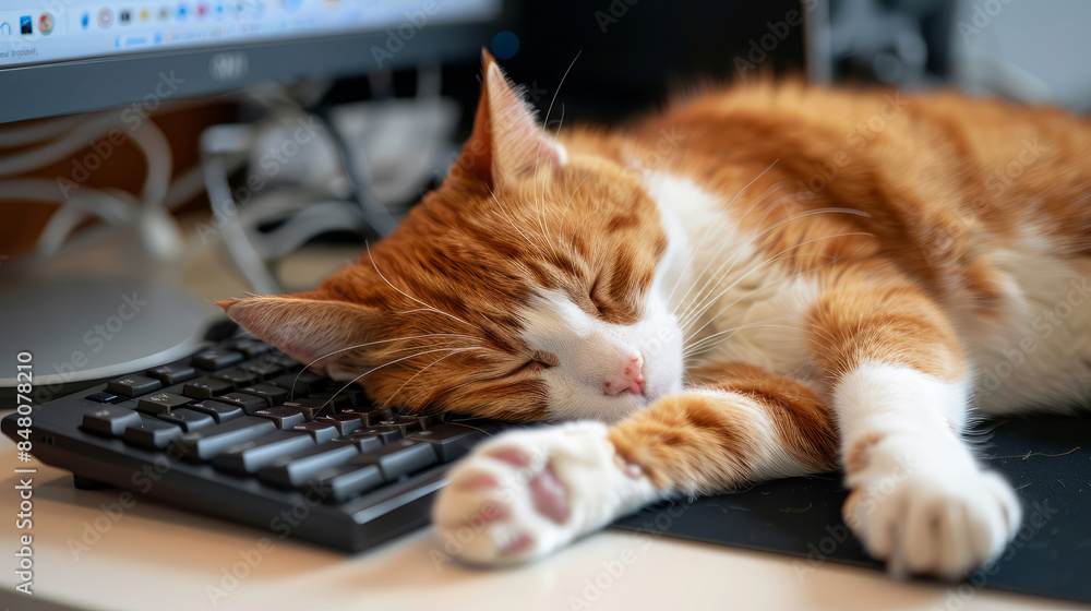 Red Cat Sleeping on Keyboard in Office. Celebrating National Take Your Cat to Work Day