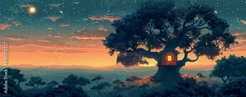 A mystical treehouse nestled high among the branches of an ancient oak tree. Vector flat minimalistic isolated illustration.