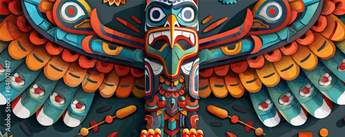 Tribal totem pole carved with symbolic figures and animals. Vector flat minimalistic isolated illustration.