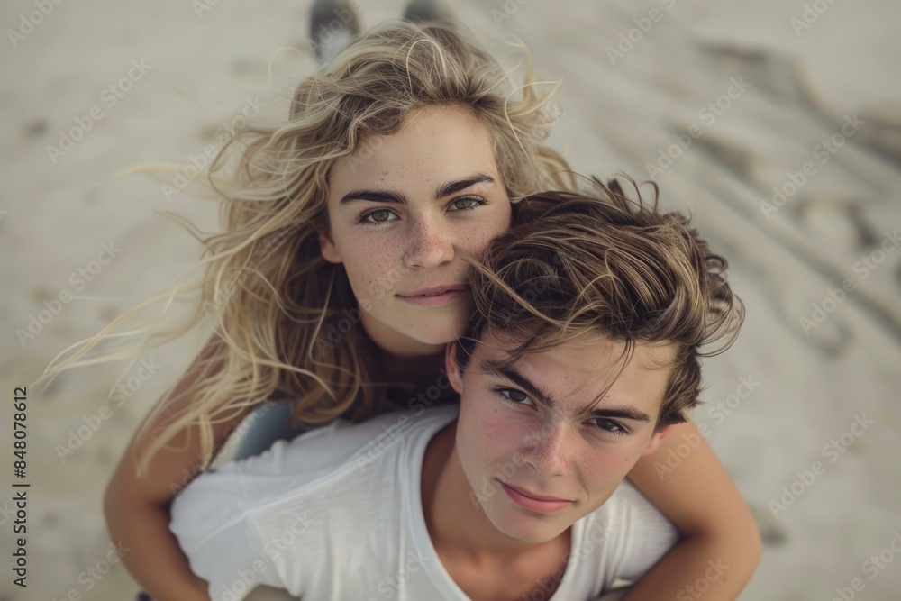 A man and a woman relaxing together on a sunny beach, perfect for summer vibes or romantic getaway ideas A man and a woman relaxing together on a sunny beach, perfect for summer vibes or romantic getaway ideas