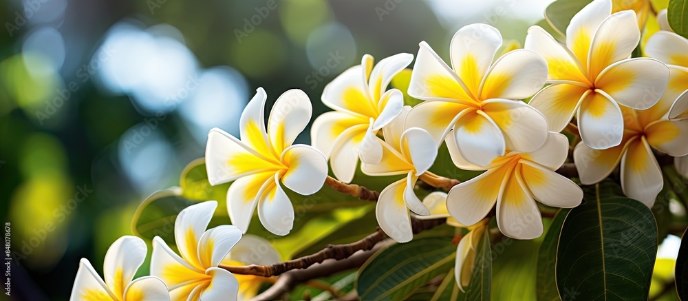 Obraz premium White and yellow plumeria flowers on a tree. Creative banner. Copyspace image