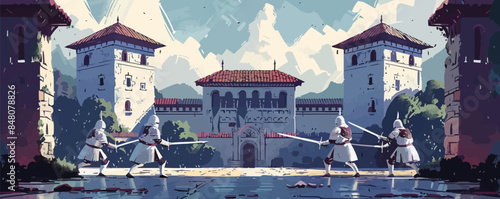 Medieval castle courtyard with knights practicing swordsmanship Vector flat minimalistic isolated illustration