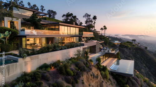 A contemporary hillside retreat with a glass and concrete facade, offering panoramic views of the surrounding landscape, and showcasing a floating staircase and a cliffside infinity pool © DESIRED_PIC