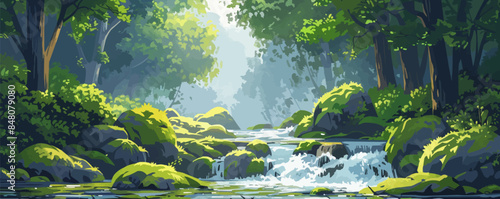 A tranquil woodland glen with a babbling brook and mossy rocks. Vector flat minimalistic isolated illustration.