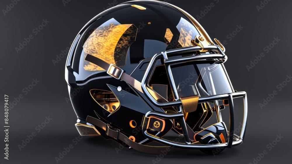 A close-up shot of a black and gold football helmet on a dark background
