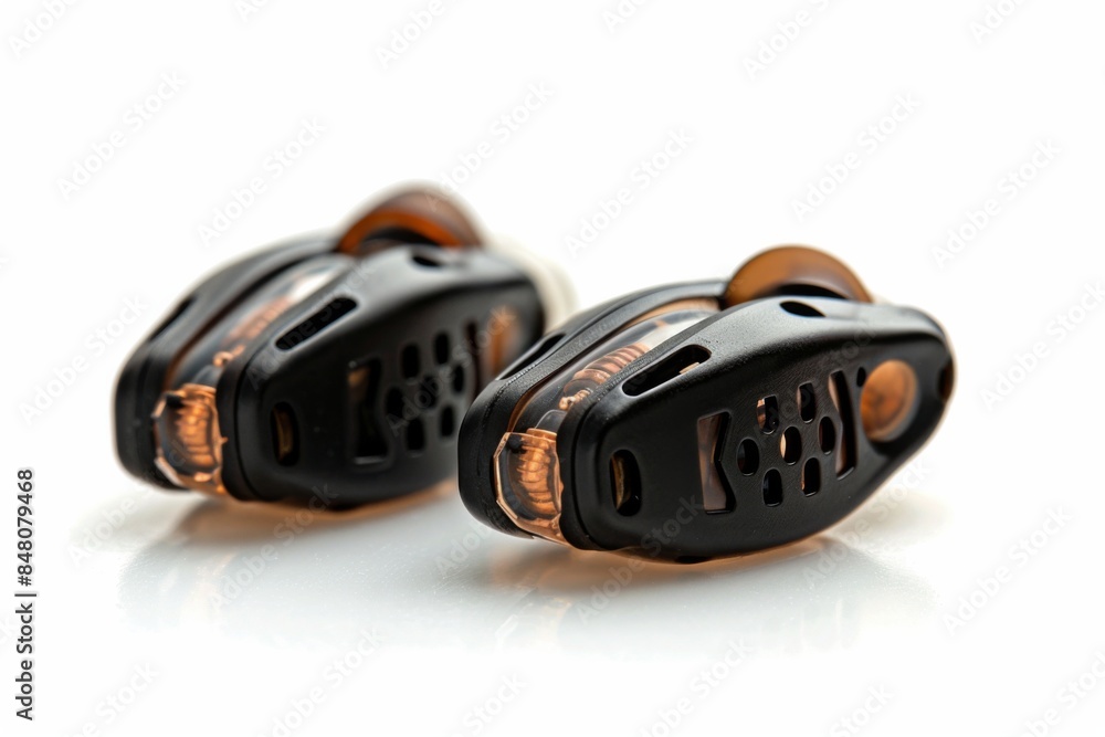 Fototapeta premium Compact Black Earbuds with Orange Accents