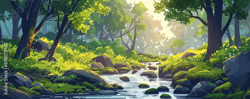 A tranquil woodland glen with a babbling brook and mossy rocks. Vector flat minimalistic isolated illustration.