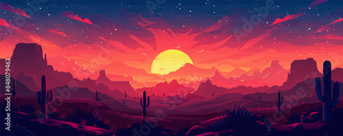 A radiant sunset over a desert landscape with cacti silhouetted against the sky. Vector flat minimalistic isolated illustration.
