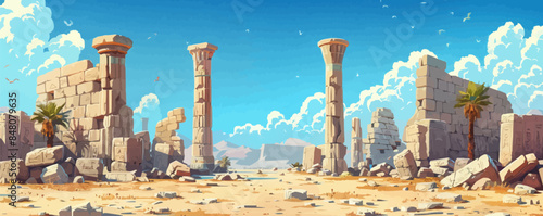 Ancient ruins with crumbling stone columns and hieroglyphics Vector flat minimalistic isolated illustration