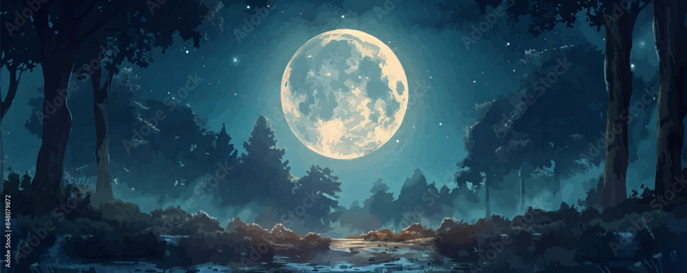 A radiant full moon illuminating a dark forest with silver light. Vector flat minimalistic isolated illustration. A radiant full moon illuminating a dark forest with silver light. Vector flat minimalistic isolated illustration.