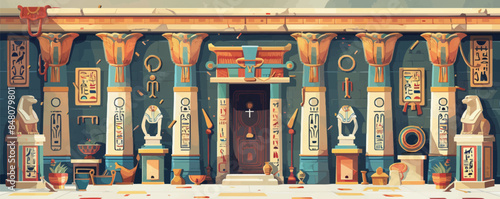 Egyptian pharaoh's tomb adorned with hieroglyphs and treasures. Vector flat minimalistic isolated illustration.