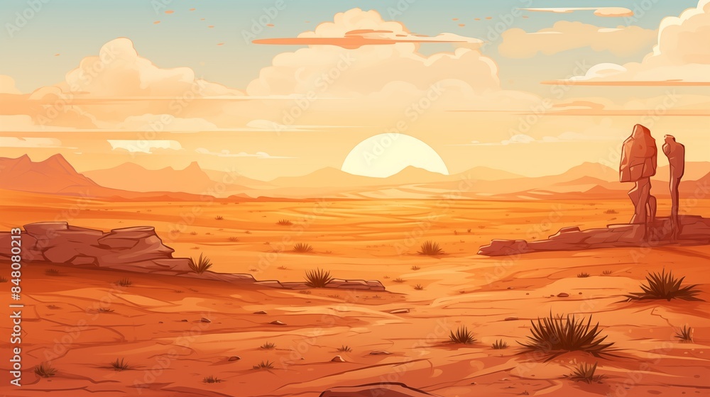 Fototapeta premium A tranquil desert landscape at sunset with distant rock formations and a serene atmosphere.