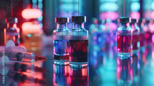 Row of bottles filled with liquid sitting on a table, useful for product photography or scientific illustrations