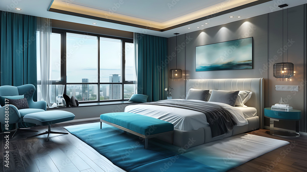 Stylish bedroom in grey and turquoise fresh outstanding look Stylish bedroom in grey and turquoise fresh outstanding look