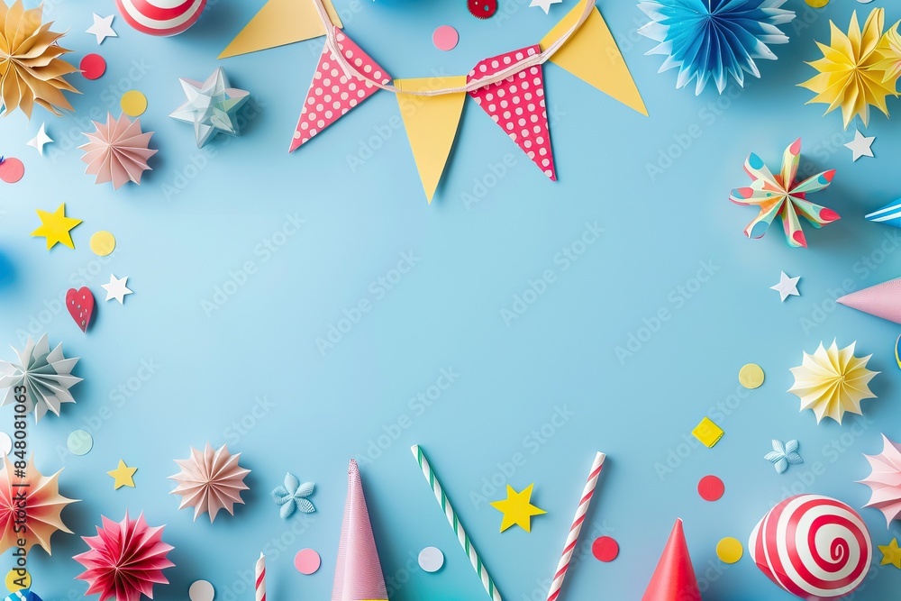 Fototapeta premium Colorful birthday party decorations arranged on a blue background, copy space