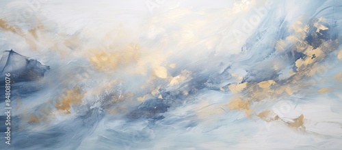 Abstract hand painted blue and white with silver and gold background close up of acrylic painting on canvas wallpaper texture. Creative banner. Copyspace image