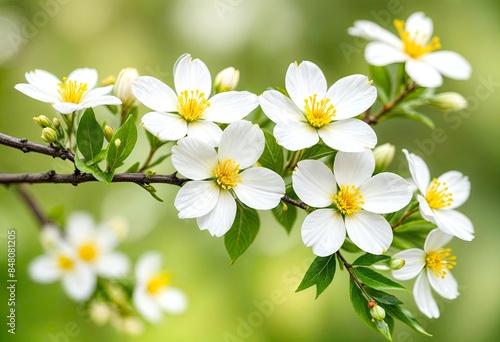 White Flowers with Yellow Centers on a Branch © ROKA Creative