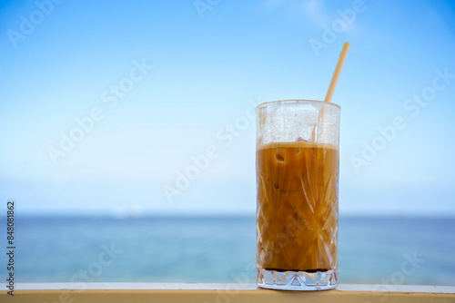 chocolate shake and coffee on the beach. Refreshment in summer vacation