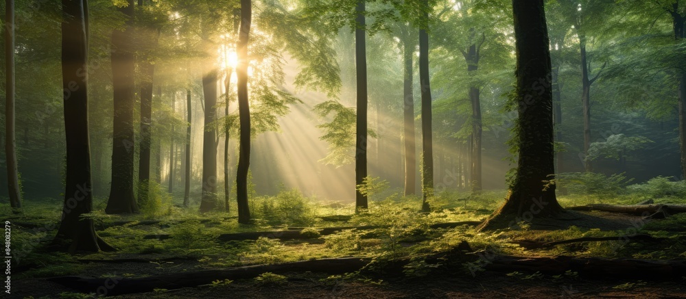 Fototapeta premium Sunlight between trees in the forest. Creative banner. Copyspace image