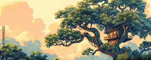 A mystical treehouse nestled high among the branches of an ancient oak tree. Vector flat minimalistic isolated illustration. photo