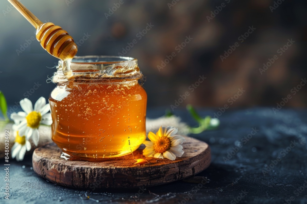 Jar of Honey with Daisies on Rustic Background Jar of Honey with Daisies on Rustic Background