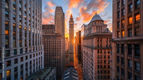 a view of a city with tall buildings and a sunset