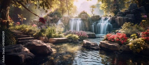 A small waterfall inside a beautiful garden. Creative banner. Copyspace image