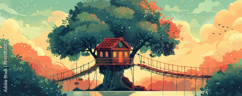 A whimsical treehouse with rope bridges and secret passageways. Vector flat minimalistic isolated illustration.