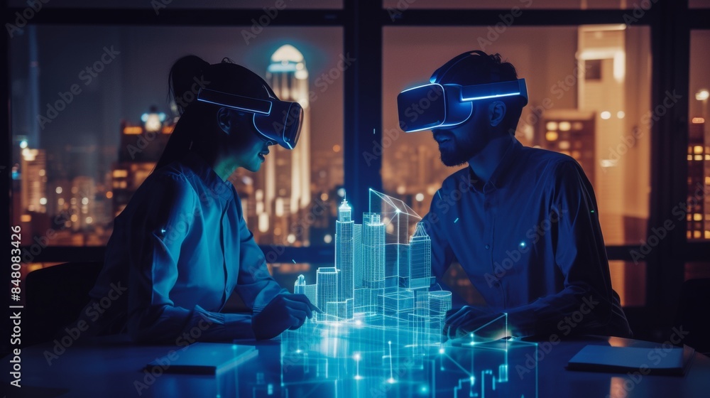 A group of engineers discussing brainstorming design work with the help of VR technology. A group of engineers discussing brainstorming design work with the help of VR technology.