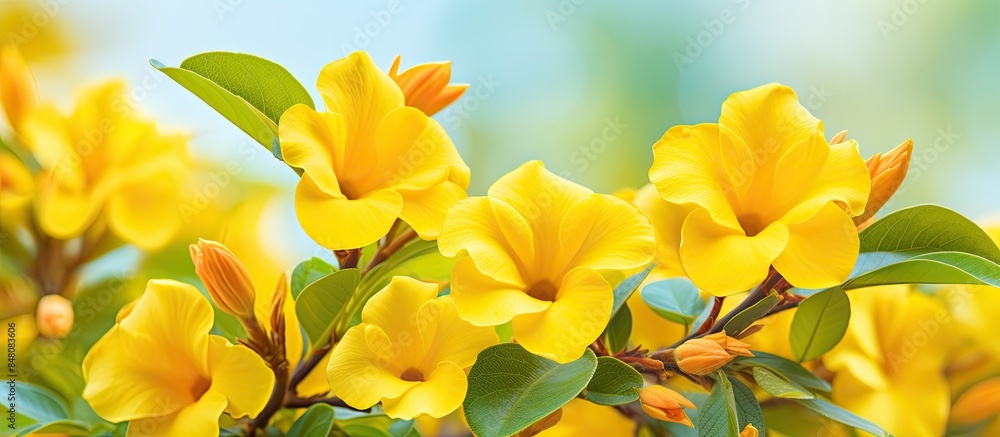Blooming yellow allamanda flowers Blur background. Creative banner. Copyspace image Blooming yellow allamanda flowers Blur background. Creative banner. Copyspace image