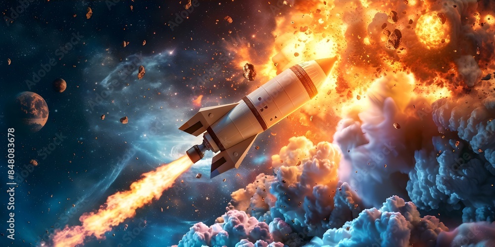Escape of a Rocket from an Exploding Planet Amidst a Dramatic Space Scene with Cosmic Backdrop. Concept Space Exploration, Planetary Catastrophe, Rocket Launch, Cosmic Background, Dramatic Escape Escape of a Rocket from an Exploding Planet Amidst a Dramatic Space Scene with Cosmic Backdrop. Concept Space Exploration, Planetary Catastrophe, Rocket Launch, Cosmic Background, Dramatic Escape