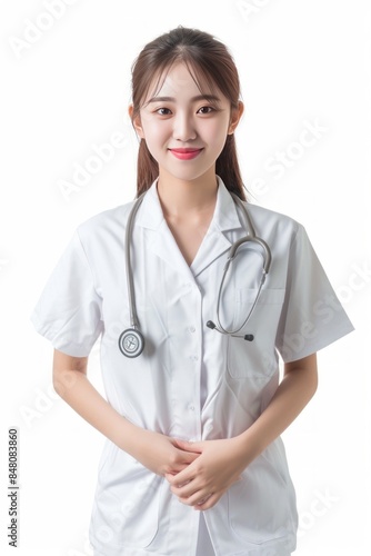 Cruise Ship Nurse - A Chinese pretty young women super model providing medical care and assistance to passengers and crew on cruise ships, dressed in attire suitable for nursing duties. 