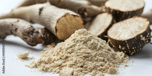Selective Focus Closeup of Kava Root Powder on White Background. Concept Macro Photography, Kava Root, Close-up Shot, White Background, Selective Focus