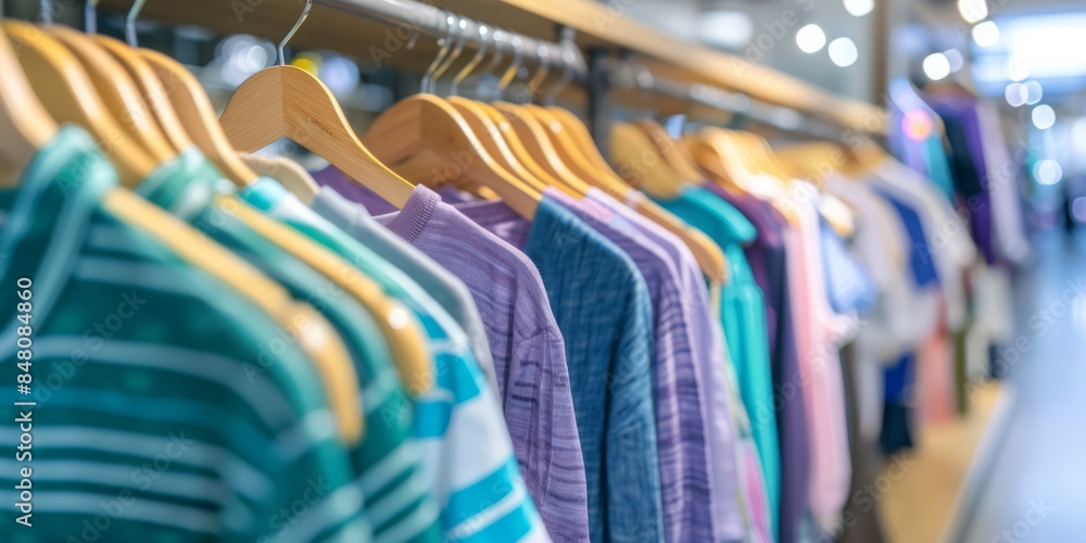 A row of hanging shirts on wooden hangers in different colors including blue, green and purple A row of hanging shirts on wooden hangers in different colors including blue, green and purple