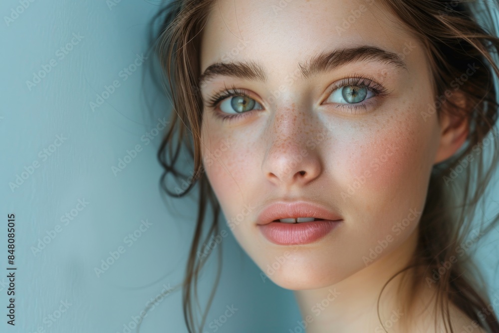 Close-up Portrait of a Young Woman with Blue Eyes and Freckles Close-up Portrait of a Young Woman with Blue Eyes and Freckles
