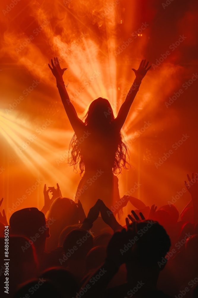 A silhouette of a girl dancing with hands raised, against a laser burst of red and yellow lasers through smoke, at a dance music festival A silhouette of a girl dancing with hands raised, against a laser burst of red and yellow lasers through smoke, at a dance music festival