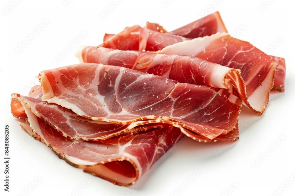 Sliced Gourmet Prosciutto on White Background Sliced Gourmet Prosciutto on White Background