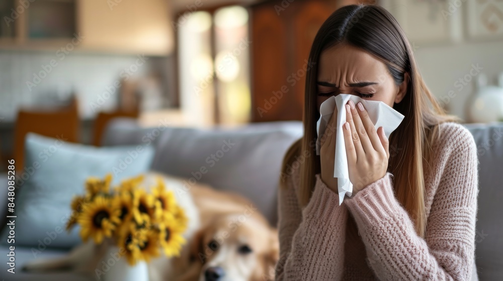 A person sneezing due to allergic with home animal. A person sneezing due to allergic with home animal.