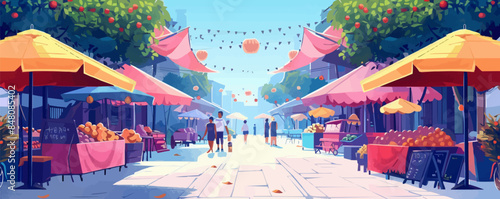 Vibrant street market with stalls and umbrellas. Vector flat minimalistic isolated illustration.