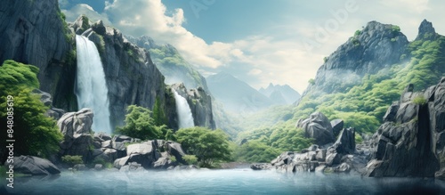 Refreshing summer mountain waterfall background. Creative banner. Copyspace image