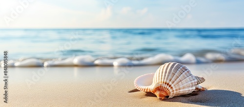 Fototapeta Naklejka Na Ścianę i Meble -  Seashell on the summer beach in sea water Summer background Summer time. Creative banner. Copyspace image