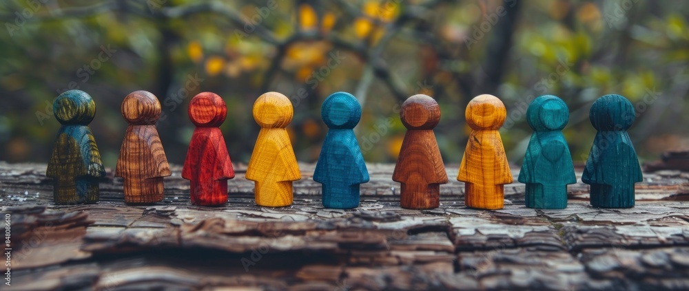 A creative representation of employees with colorful wooden figures lined up, featuring a bokeh background and rustic figurative style that highlights their unique charm A creative representation of employees with colorful wooden figures lined up, featuring a bokeh background and rustic figurative style that highlights their unique charm