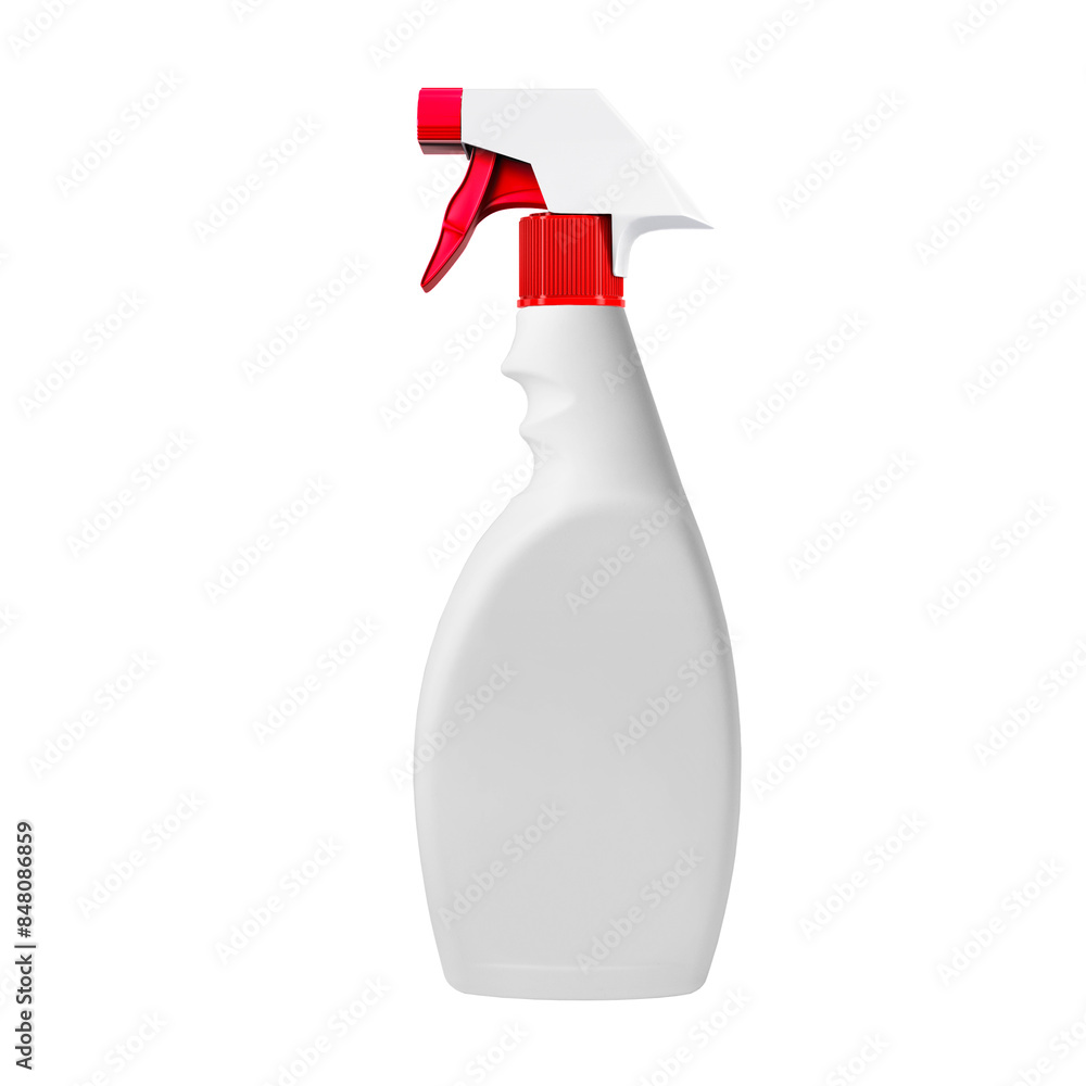 plastic spray bottle with trigger and blank label on white background. Container element suitable for detergent, kitchen house cleaner or disinfectant.3d illustration, 3d rendering plastic spray bottle with trigger and blank label on white background. Container element suitable for detergent, kitchen house cleaner or disinfectant.3d illustration, 3d rendering