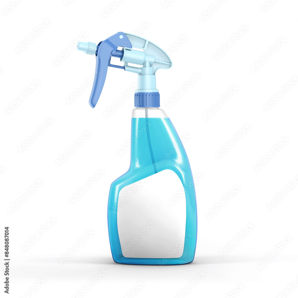 plastic spray bottle with trigger and blank label on white background. Container element suitable for detergent, kitchen house cleaner or disinfectant.3d illustration, 3d rendering plastic spray bottle with trigger and blank label on white background. Container element suitable for detergent, kitchen house cleaner or disinfectant.3d illustration, 3d rendering