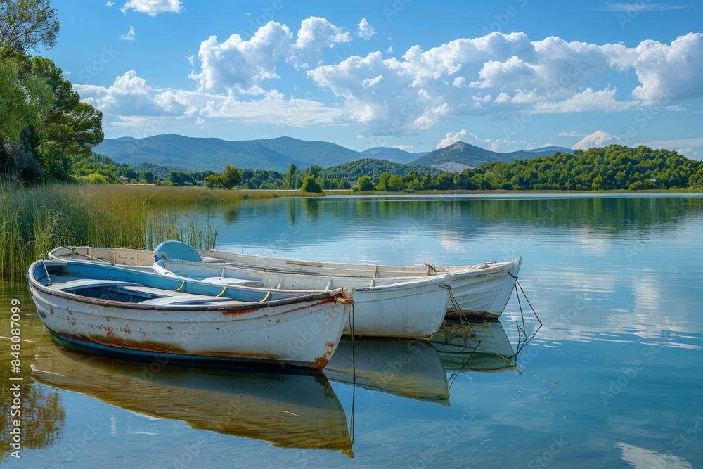 Boats on a Tranquil Lake with Mountain Views Boats on a Tranquil Lake with Mountain Views