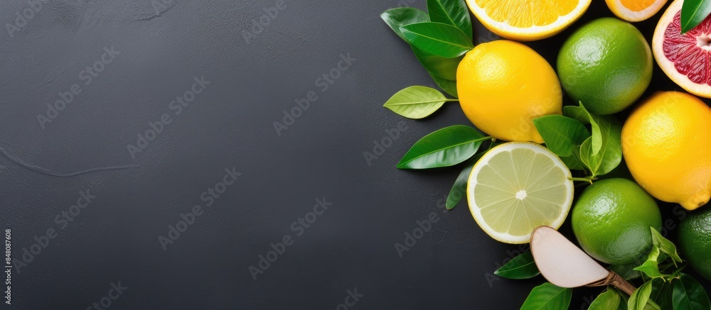 Different fresh citrus fruits and leaves in bowl on table top view. Creative banner. Copyspace image