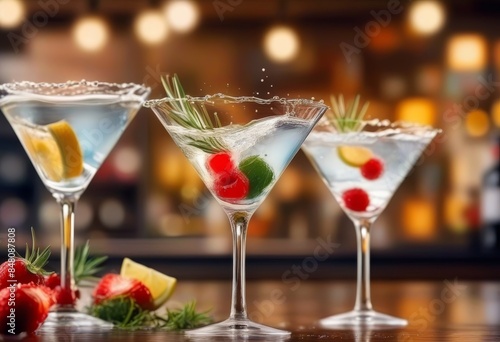 Two martini cocktails clinking together with a bar in the background