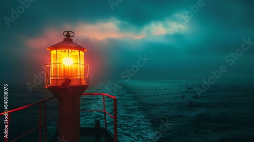 A glowing lighthouse at night guides the way for ships at sea. The dark, stormy sky and rough waves create a sense of danger and mystery.